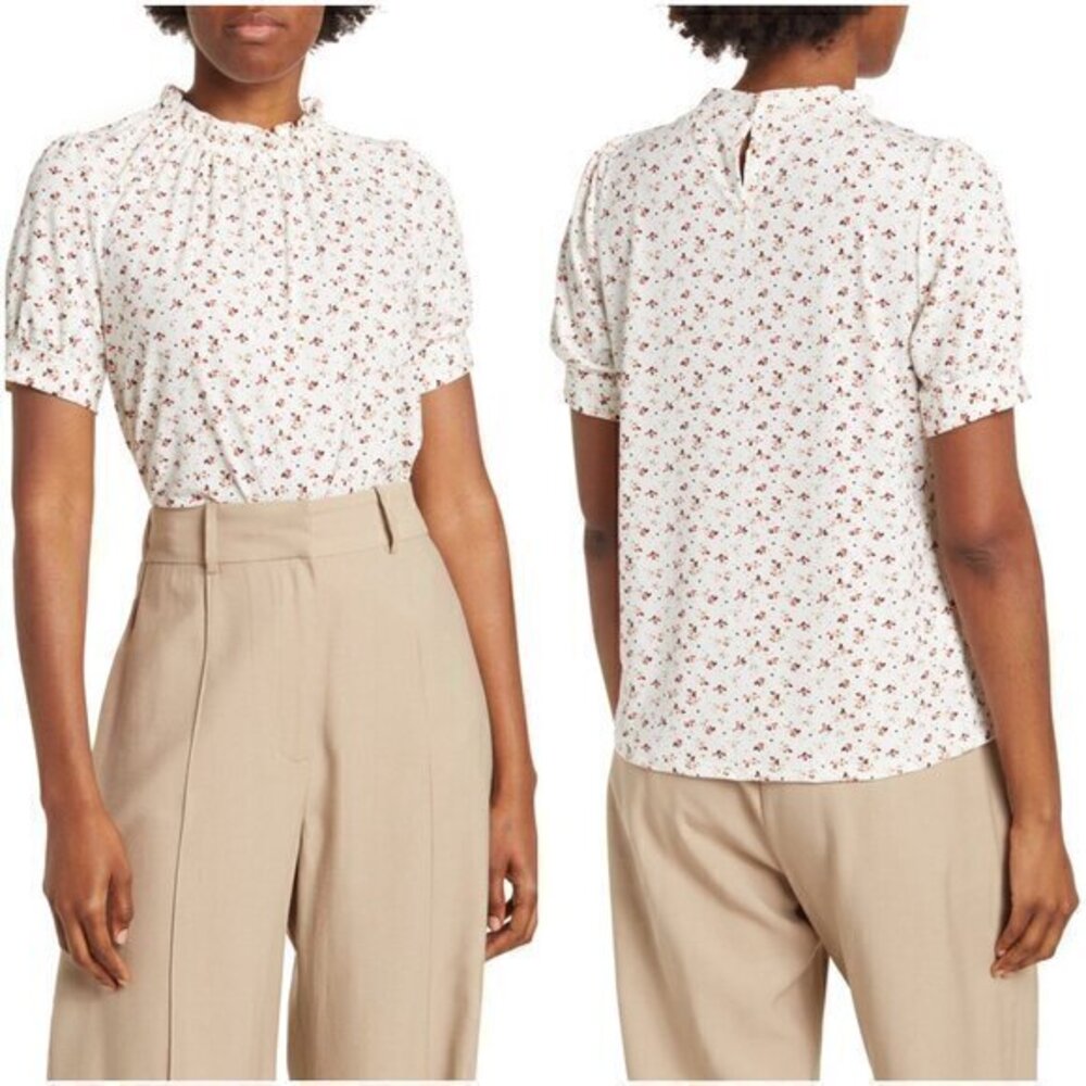 Adrianna Papell Ruffle Mock Neck Floral Print Short Sleeve Top Size L LIKE NEW
